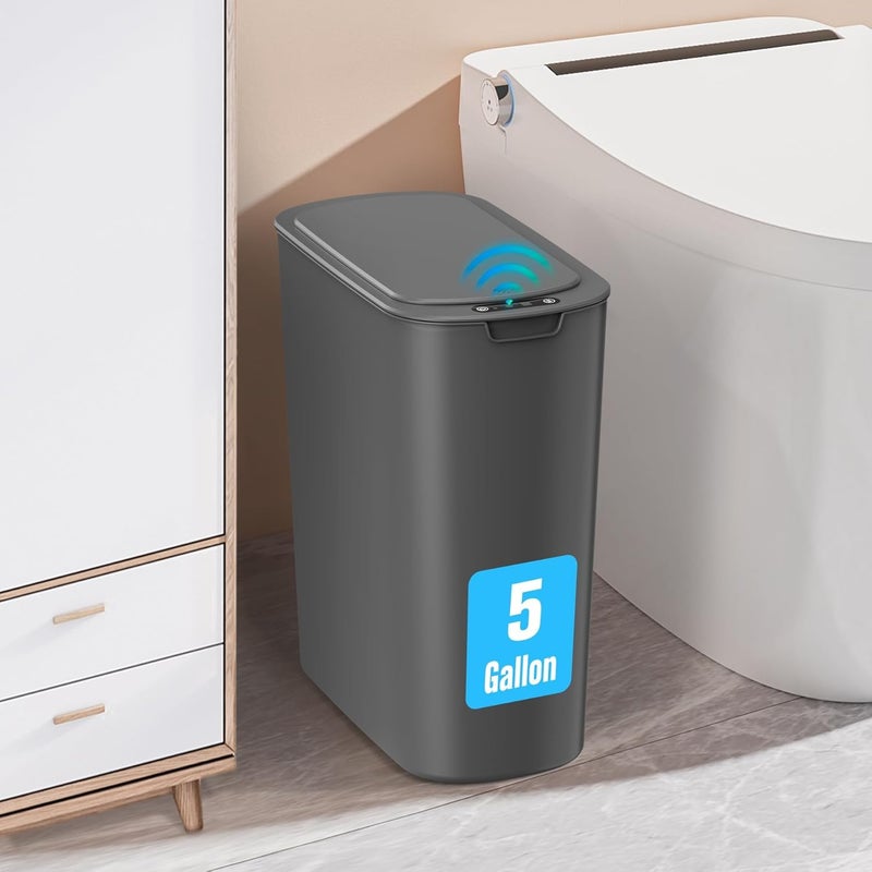 Cesun 5 Gallon Automatic Bathroom Trash Can, Touchless Motion Sensor Garbage Can with Lid, Smart Plastic Slim Wastebasket for Bathroom, Office, rv, Bedroom, Living Room, Grey - Image 1